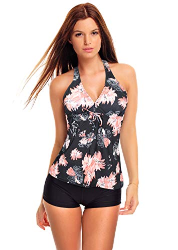 Octopus Neckholder Damen Tankini Set mit Hotpants 2tlg. Badeanzug f5539 Farbe: Schwarz geblümt A(1448)-HP1(sw), Gr. 40 von Octopus