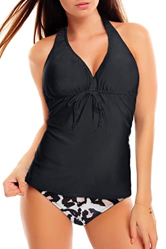 Octopus Neckholder Damen Tankini Set mit Slip 2tlg. Badeanzug f5538 Farbe: Tankini Schwarz, Slip Leo Design A(sw)-S4(1460), Gr. 42 von Octopus