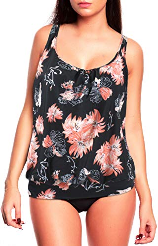 Octopus Oversize Damen Tankini Set Bauchweg mit Slip, Hotpants oder High Waist f5465 Farbe: Tankini Schwarz/Apricot, Slip G(1448)+S4(sw), Gr. 42 von Octopus