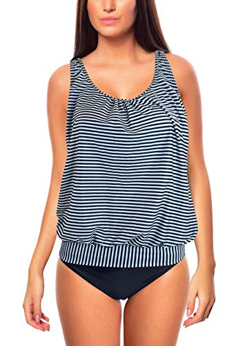 Octopus Oversize Damen Tankini Set Bauchweg mit Slip, Hotpants oder High Waist f5465 Farbe: Tankini Blau Weiss gestreift G(1444)+S4(ma), Gr. 42 (XL) von Octopus