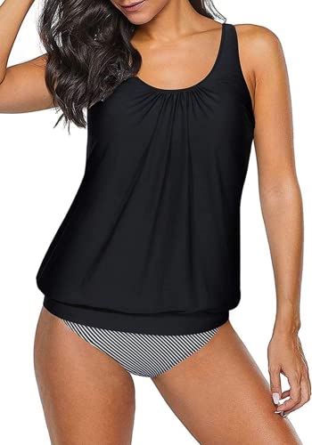 Octopus Oversize Tankini Set mit High Waist Slip 2tlg. Badeanzug f5493 Farbe: Tankini Schwarz, High Waist Slip gesftreift G(sw)-S24(1469), Gr. 44 von Octopus