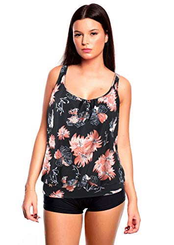 Octopus Sommer 2024 -Damen Tankini Set mit Bauch Weg Effekt Badeanzug Neu f5480 Farbe: Tankini Schwarz/Apricot, Hotpants G(1448)+HP1(sw), Gr. 42 von Octopus