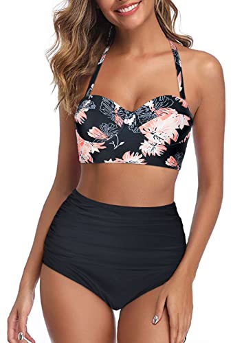 Octopus Trendiger Damen Bügel Bikini 2tlg. Bademode Set High Waist Slip f5517 Farbe: B22(1448)-S11(sw) Bikini Oberteil Geblümt (1448), Slip Schwarz, Gr. 5XL von Octopus