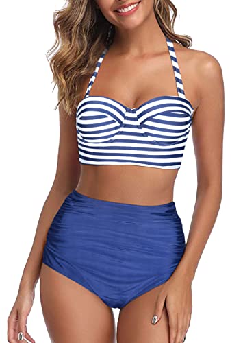 Octopus Trendiger Damen Bügel Bikini 2tlg. Bademode Set High Waist Slip f5517 Farbe: B22(1451)-S11(NAV) Bikini Oberteil gestreift, Slip Navy, Gr. 2XL von Octopus