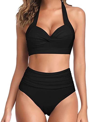 Octopus Trendiger Damen Bügel Bikini 2tlg. Bademode Set High Waist Slip f5517 Farbe: B26(sw)-S11(sw) Bikini Schwarz, Gr. L von Octopus