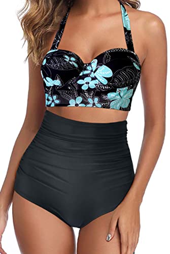 Octopus Trendiger Damen Bügel Bikini 2tlg. Bademode Set High Waist Slip f5674 Farbe: B22(1047)-S11(sw) Bikini Oberteil Grau geblümt (1047), Slip Schwarz, Gr. 40 von Octopus