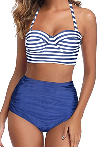 Octopus Trendiger Damen Bügel Bikini 2tlg. Bademode Set High Waist Slip f5674 Farbe: B22(1451)-S11(NAV) Bikini Oberteil gestreift, Slip Navy, Gr. 40 von Octopus