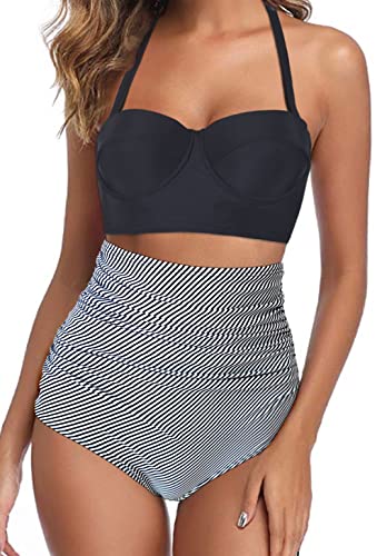 Octopus Trendiger Damen Bügel Bikini 2tlg. Bademode Set High Waist Slip f5674 Farbe: B22(sw)-S11(1469) Bikini Oberteil Schwarz, Slip Gestreift (1469), Gr. 50 von Octopus