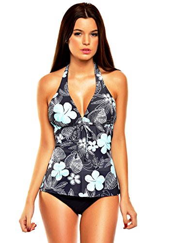 Unsere Top Tankini Kollektion mit Effekt. Körperschmeichelnd, kaschierend für die perfekte Strandfigur f6048 Farbe: Grau Türkise Blumen/Slip schwarz A(1047)+S4(sw), Gr. 46 von Octopus