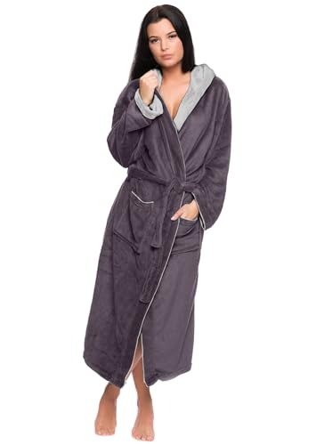Octopus Velours Damen Bademantel - Luxuriöser Komfort mit Kapuze, Gürtel und Taschen - 100% Baumwolle - Ökotex Standard 100 f5724 Farbe: Bademantel Anthrazit/Hellgrau (1491), Gr. 3XL von Octopus