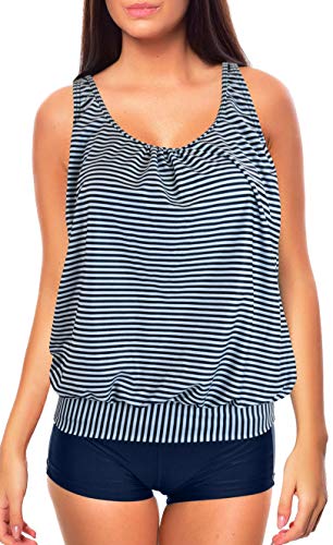 Raffinierte Bademode im Oversize Look Tankini Styles f5515 Farbe: Tankini Blau Weiss, Hotpants Marine G(1444)+HP1(ma), Gr. 42 von Octopus