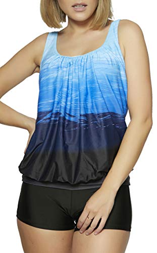 Raffinierte Bademode im Oversize Look Tankini Styles f5549 Farbe: Tankini Blau Gemustert, Hotpants Schwarz G(1447)-HP1(sw), Gr. 48 von Octopus