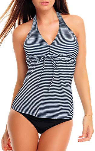 Sommer 2023 -Damen Tankini Set mit Bauch Weg Effekt Badeanzug Neu f5480 Farbe: Tankini Blau Weiss, Slip Marine A(1444)+S4(ma), Gr. 44 von Octopus