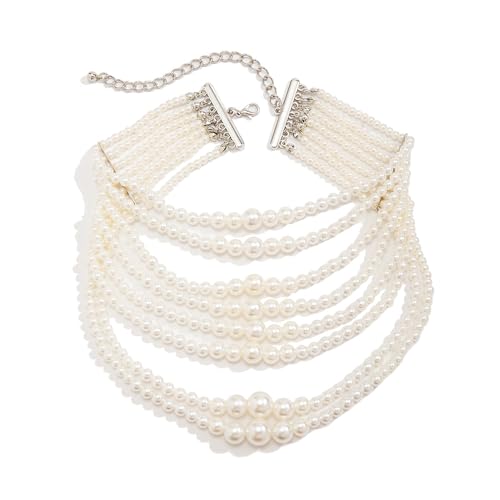 Octwine Boho Runde Imitation Perle Geschichtete Choker Halskette Multi Stränge Vintage 1920er Jahre Braut Hochzeit Weihnachten Vintage Glänzend Große Halskette für Frauen (Silber 3) von Octwine