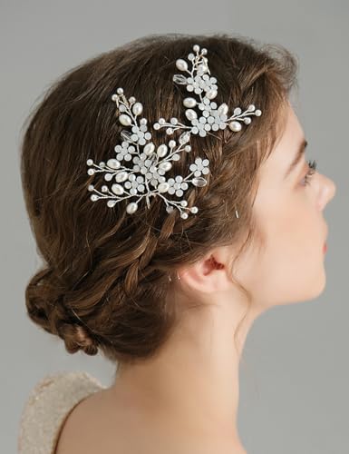 Octwine Handgefertigte Braut Hochzeit Silber Gold Opal Strass Haarnadeln Braut Haarschmuck Strass Perlen Haarnadeln Kristall Blume Haarspangen für Frauen (Silber, Breite 6.5cm) von Octwine
