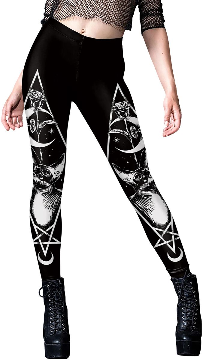 Ocultica - Gothic Leggings - Cat Pentagramm Leggings - S bis XXL - für Damen - Größe L - schwarz/weiß von Ocultica
