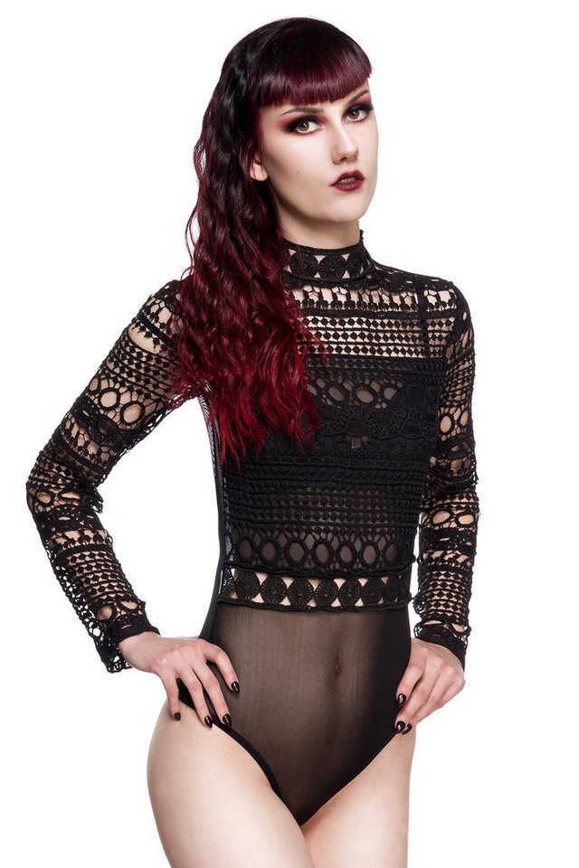 Ocultica Stringbody Schwarzer Frauen Langarm Body aus Spitzenstoff mit Ornamenten mit Druc von Ocultica