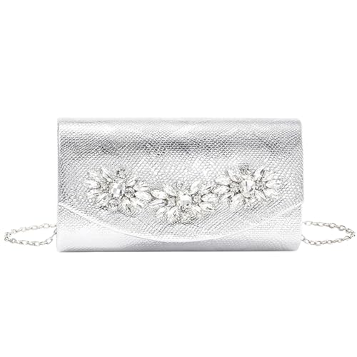 Ocuuer Abendbeutel for Frauen Strassblume Clutch Geldbeutel Umhängungs Mode -Umschlag Tasche mit Kettengurt Elegante Clutch Handtasche Cocktail Prom -Tasche for Hochzeitsabschlussfeier (Silber) von Ocuuer