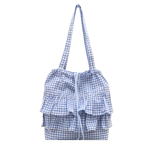 Ocuuer Frauen plaid Baumwolltasche Spitzenverkleidungsumhängende Umhängetasche Rüste Kordelzug Beutel (blau) von Ocuuer