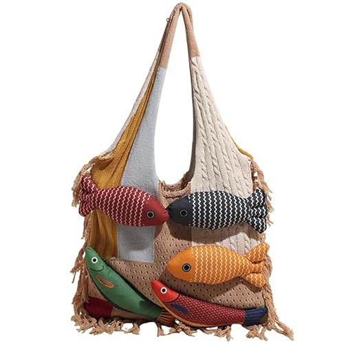 Ocuuer Gewebte Sommertasche Frauen Strand Umhängetasche und handgefertigter Puppenfisch (Khaki) von Ocuuer