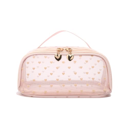Ocuuer Heart Print Mesh Make -up -Taschen Reißverschluss Frauen Mesh Kosmetikbeutel tragbare Reisen Organizing Beutel Geldbeutel Toilse Make -up -Beutel Reise Kosmetische Zubehör (Pink) von Ocuuer