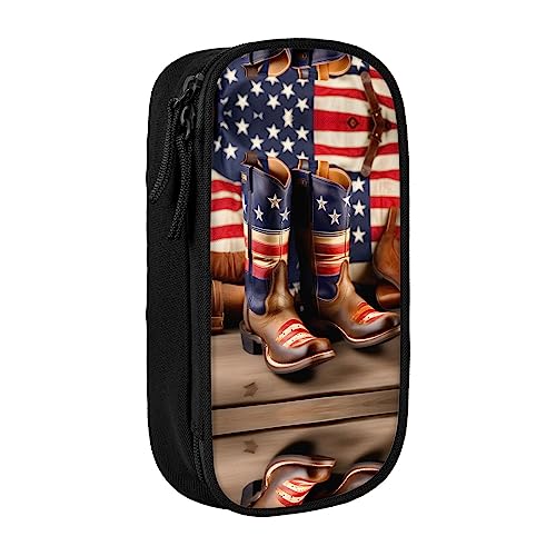 Federmäppchen mit Reißverschluss Große Kapazität Beutel Organizer für Büro Reise Halter Box Amerikanische Flagge mit Cowboystiefeln bedruckt von OdDdot