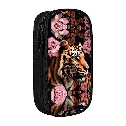 Federmäppchen mit Reißverschluss Große Kapazität Tasche Organizer für Büro Reise Halter Box Tier Tiger Leopard Print Rose Blume gedruckt von OdDdot