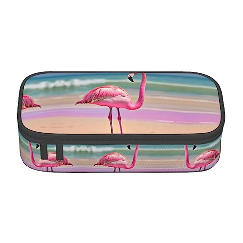 Großes Federmäppchen mit pinkem Flamingo am Strand, Federmäppchen mit Reißverschlussfächern, Schreibwaren-Beutel, Stifteetui für Büro von OdDdot