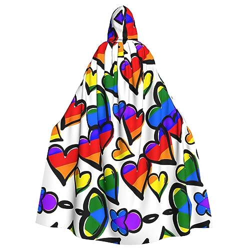 OdDdot Regenbogenfarbener Gay-Pride-Herz-Druck, Karnevals-Umhang, Erwachsenen-Kapuzenumhang, Hexenkostüm für Männer und Frauen, Cosplay-Kostüme von OdDdot