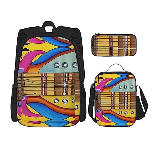 OdDdot Schulrucksack-Set, Reiserucksack, leichte Büchertasche, mit Lunch-Tasche, Federmäppchen, Herbstblätter, Erntedankfest, Kürbis-Druck, Kunst-Gitarren-Muster, Einheitsgröße, Schulranzen-Set von OdDdot