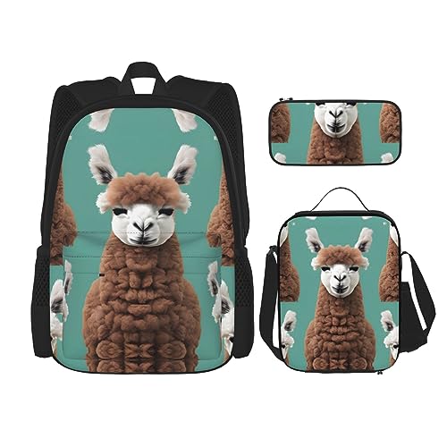 OdDdot Schultaschen-Sets Rucksäcke für Mädchen Schultaschen für Schüler Arbeit Mittagessen Tasche Federmäppchen Unisex Alpaka Lama, Alpaka Llama, Einheitsgröße von OdDdot