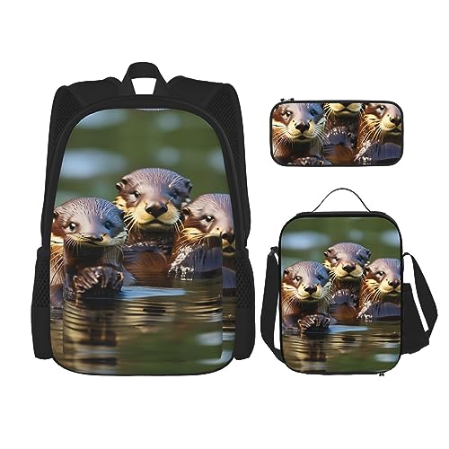 OdDdot Schultaschen-Sets Rucksäcke für Mädchen Schultaschen für Schüler Arbeit Mittagessen Tasche Federmäppchen Unisex Alpaka Lama, Drei braune Otter, Einheitsgröße von OdDdot