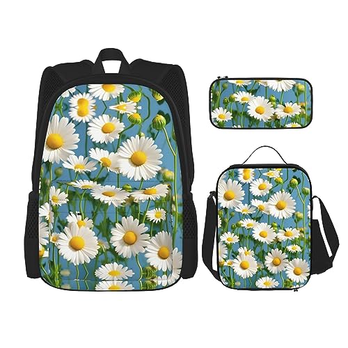 OdDdot Schultaschen-Sets Rucksäcke für Mädchen Schultaschen für Schüler Arbeit Mittagessen Tasche Federmäppchen Unisex Alpaka Lama, Weiße kleine Blumen, Einheitsgröße von OdDdot