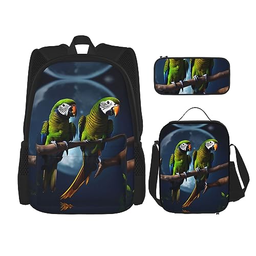 OdDdot Schultaschen-Sets Rucksäcke für Mädchen Schultaschen für Schüler Arbeit Mittagessen Tasche Federmäppchen Unisex Alpaka Lama, Zwei Papageien, Einheitsgröße von OdDdot