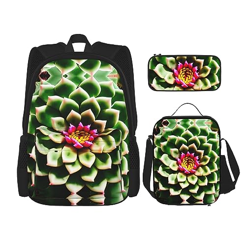 OdDdot Schultaschen-Sets Rucksäcke für Mädchen Schultaschen für Schüler Arbeit Mittagessen Tasche Federmäppchen Unisex Chinesische Landschaftsmalerei, Blühende Kaktusblüte, Einheitsgröße von OdDdot