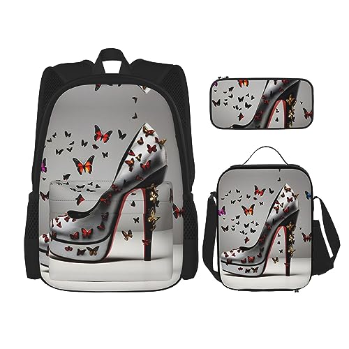 OdDdot Schultaschen-Sets Rucksäcke für Mädchen Schultaschen für Schüler Arbeit Mittagessen Tasche Federmäppchen Unisex Chinesische Landschaftsmalerei, Schmetterling/Pump, Einheitsgröße von OdDdot