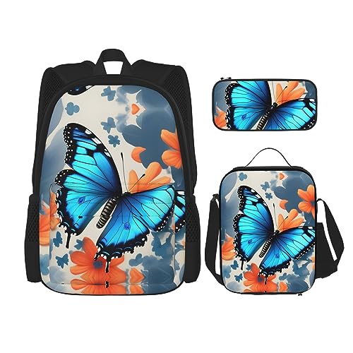 OdDdot Schultaschen-Sets Rucksäcke für Mädchen Schultaschen für Schüler Arbeit Mittagessen Tasche Federmäppchen Unisex Chinesische Landschaftsmalerei, blau mit schmetterlingen, Einheitsgröße von OdDdot