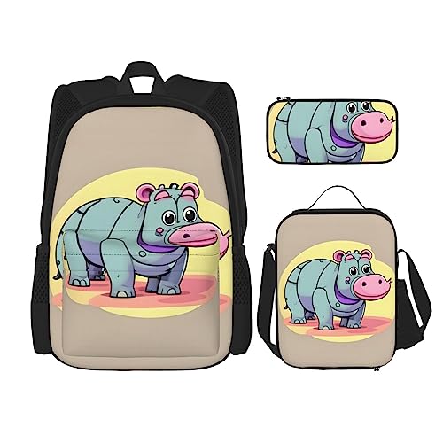 OdDdot Schultaschen-Sets Rucksäcke für Mädchen Schultaschen für Schüler Arbeit Mittagessen Tasche Federmäppchen Unisex Cocktailgläser und Weinflaschen, Cartoon-Nilpferd, Einheitsgröße von OdDdot