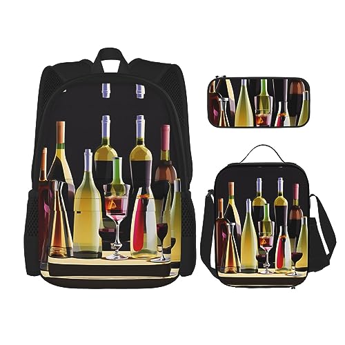 OdDdot Schultaschen-Sets Rucksäcke für Mädchen Schultaschen für Schüler Arbeit Mittagessen Tasche Federmäppchen Unisex Cocktailgläser und Weinflaschen, Cocktailgläser und Weinflaschen, Einheitsgröße von OdDdot