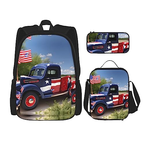 OdDdot Schultaschen-Sets Rucksäcke für Mädchen Schultaschen für Schüler Arbeit Mittagessen Tasche Federmäppchen Unisex Eine Brut von Hühnern, 4. Juli Patriotische Lastwagen, Einheitsgröße von OdDdot