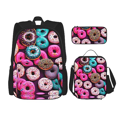 OdDdot Schultaschen-Sets Rucksäcke für Mädchen Schultaschen für Schüler Arbeit Mittagessen Tasche Federmäppchen Unisex Fisch Vogel und Bambus Blätter Malerei, Donut, Einheitsgröße von OdDdot