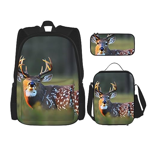 OdDdot Schultaschen-Sets Rucksäcke für Mädchen Schultaschen für Schüler Arbeit Mittagessen Tasche Federmäppchen Unisex Fisch Vogel und Bambus Blätter Malerei, Niedliches Hirsch, Einheitsgröße von OdDdot