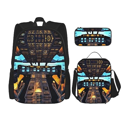 OdDdot Schultaschen-Sets Rucksäcke für Mädchen Schultaschen für Schüler Arbeit Mittagessen Tasche Federmäppchen Unisex Flugzeug Cockpit, Flugzeug-Cockpit, Einheitsgröße von OdDdot