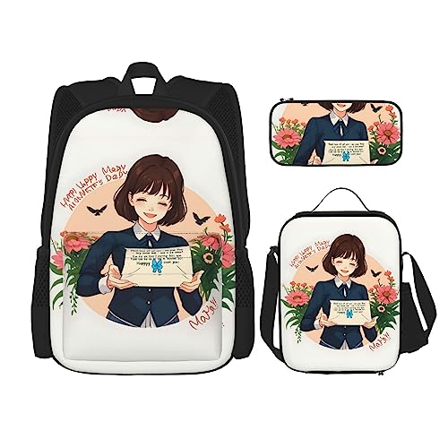 OdDdot Schultaschen-Sets Rucksäcke für Mädchen Schultaschen für Schüler Arbeit Mittagessen Tasche Federmäppchen Unisex Happy Mother Day, Happy Mother Day, Einheitsgröße von OdDdot