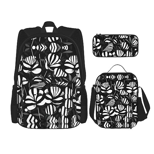 OdDdot Schultaschen-Sets Rucksäcke für Mädchen Schultaschen für Schüler Arbeit Mittagessen Tasche Federmäppchen Unisex Happy Mother Day, Schwarz-weiß gestreifte Blumen, Einheitsgröße von OdDdot