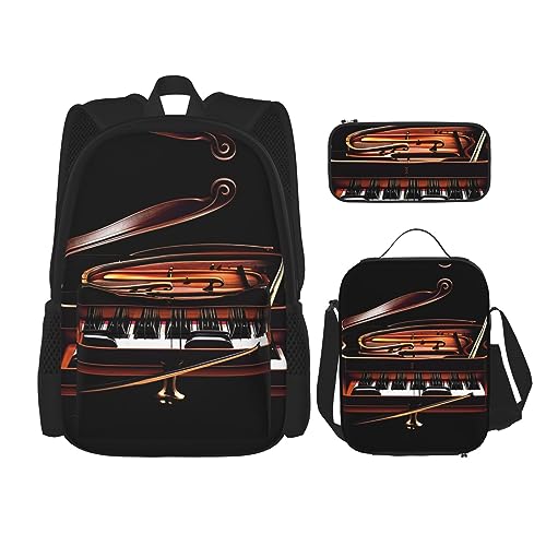 OdDdot Schultaschen-Sets Rucksäcke für Mädchen Schultaschen für Schüler Arbeit Mittagessen Tasche Federmäppchen Unisex Klavier mit Musiknoten -, Musiknoten für Klavier / Violine, Einheitsgröße von OdDdot