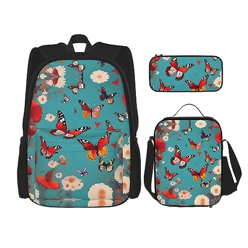 OdDdot Schultaschen-Sets Rucksäcke für Mädchen Schultaschen für Schüler Arbeit Mittagessen Tasche Federmäppchen Unisex Last Sun Rays of Over The Sea Waves, Fliegende Schmetterlinge unter Blumen, von OdDdot