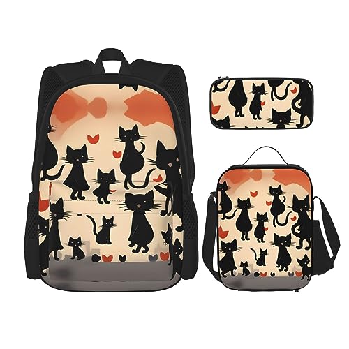 OdDdot Schultaschen-Sets Rucksäcke für Mädchen Schultaschen für Schüler Arbeit Mittagessen Tasche Federmäppchen Unisex Last Sun Rays of Over The Sea Waves, Happy Walking Kitty, Einheitsgröße von OdDdot