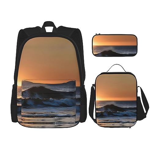 OdDdot Schultaschen-Sets Rucksäcke für Mädchen Schultaschen für Schüler Arbeit Mittagessen Tasche Federmäppchen Unisex Last Sun Rays of Over The Sea Waves, Letzte Sonnenstrahlen von über dem Meer von OdDdot