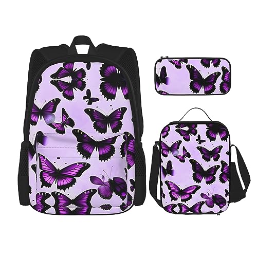 OdDdot Schultaschen-Sets Rucksäcke für Mädchen Schultaschen für Schüler Arbeit Mittagessen Tasche Federmäppchen Unisex Lila Blumen, Lila Schmetterlinge, Einheitsgröße von OdDdot